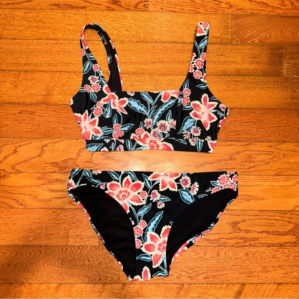 Old Navy black floral square neck bikini swim top and bottoms S - Picture 3 of 14